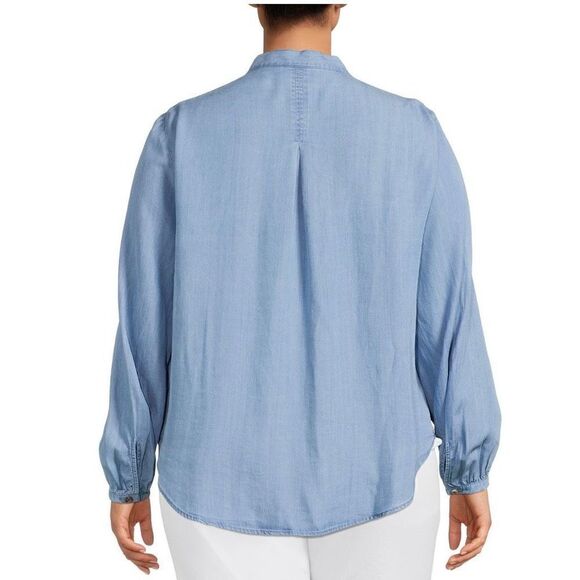 NWT TERRA & SKY Faux Light Denim Button Up Tie Blouse Size 14W - Picture 2 of 11